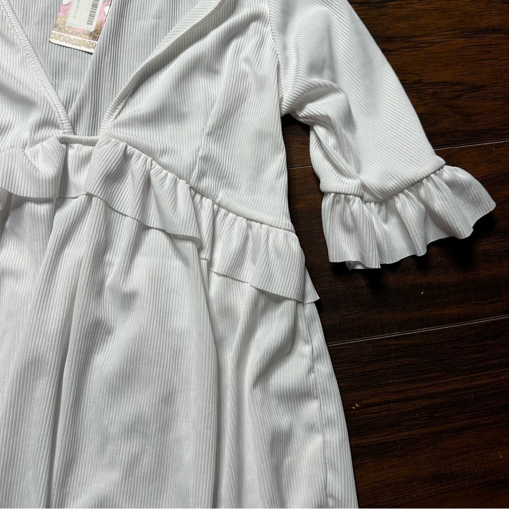 Boohoo White Ribbed Ruffle Smock Dress - Picture 4 of 5